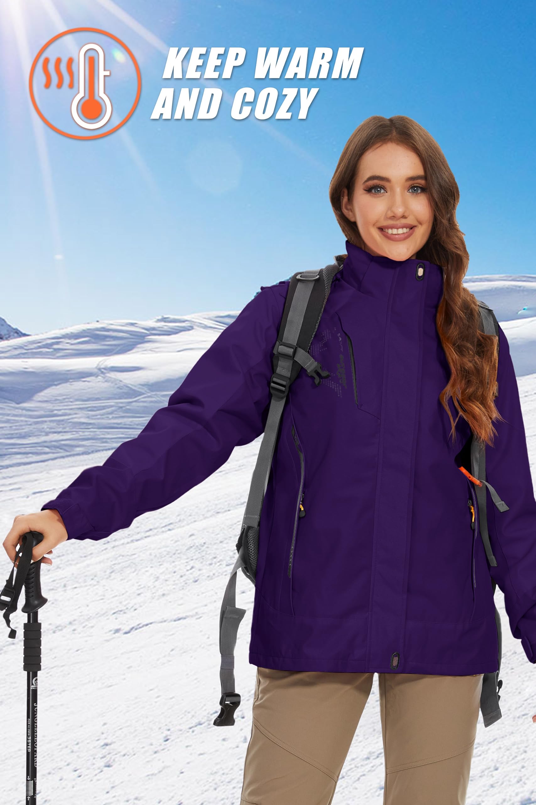 MAGCOMSEN Winter Coats for Women Waterproof Insulated Snow Jacket Fleece Lined Jacket 3 In 1 Jacket Snowboarding Jacket Dark Purple L