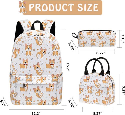 Corgi Cute 3PCS Backpack Set - Lightweight 17 Inch Bookpack for Teens | Includes Lunch Box & Pencil Case