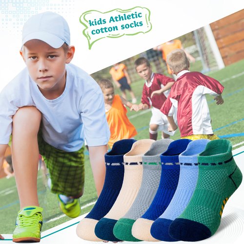 Eyean Boys Athletic Half Cushioned Ankle Socks Kids Cotton Sport Low Cut Socks 6 Pairs (Blue/Grey/Beige, 9-12 Years)