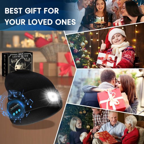 VIBELITE Bluetooth Beanie Hat with Light, Gifts for Men, USB Rechargeable LED Headlamp with Wireless Headphones, Birthday Gifts for Men, Dad, Him, Teen Boys, Husband, Women, Boyfriend, Black