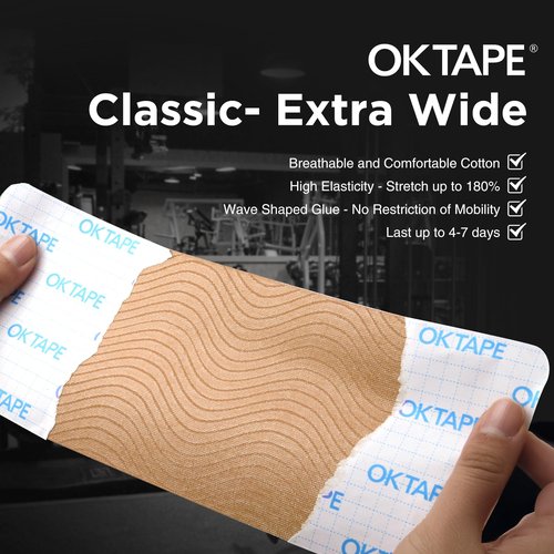 OK TAPE Extra Wide Kinesiology Tape, Precut Strips, Elastic Physical Therapy Athletic Tape for Pain Relief & Joint Support, Latex Free | Back, Shoulder, Knee (4" x 10" - 10Pcs) Beige