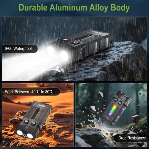 BORUIT EV20L LED Rechargeable Small EDC Flashlight with Green Beam,Pocket Keychain Flashlights with RGB Side Light,IP66 Waterproof,Clip & Tail Magnet for Outdoors Emergency Camping,Aluminum Black