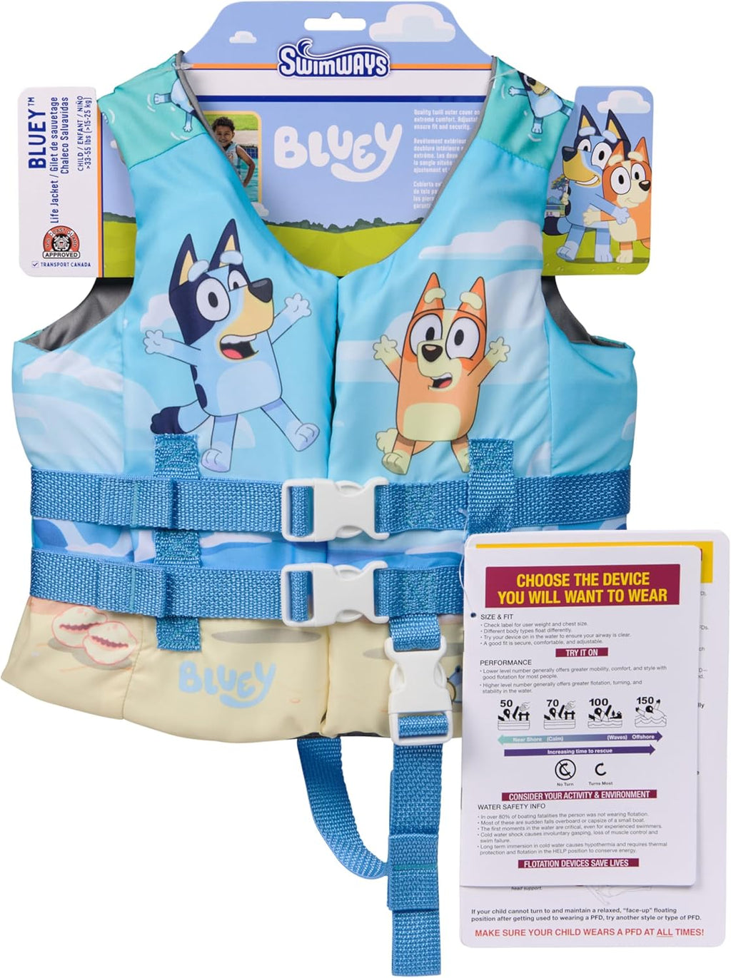 SwimWays Bluey Life Jacket - US Coast Guard Approved Kids Swim Vest for 33-55 lbs, Bluey Design