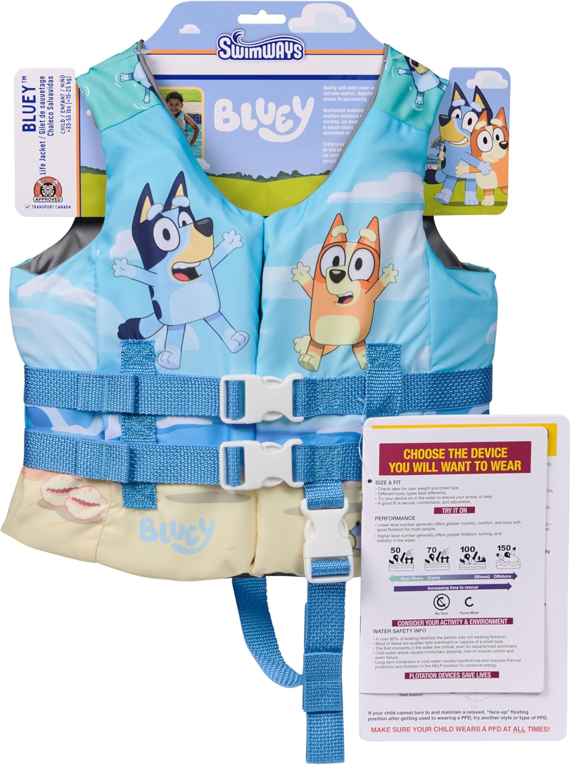 SwimWays Bluey Life Jacket - US Coast Guard Approved Kids Swim Vest for 33-55 lbs, Bluey Design