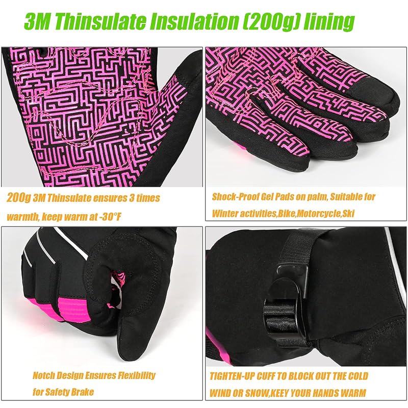 MOREOK Waterproof Winter Gloves 3M Thinsulate 200g - Pink Medium, Touchscreen