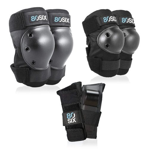80Six Pad Set with Wristguards, Elbow Pads, and Knee Pads for Kids, Black, Small/Medium-Ages 8+