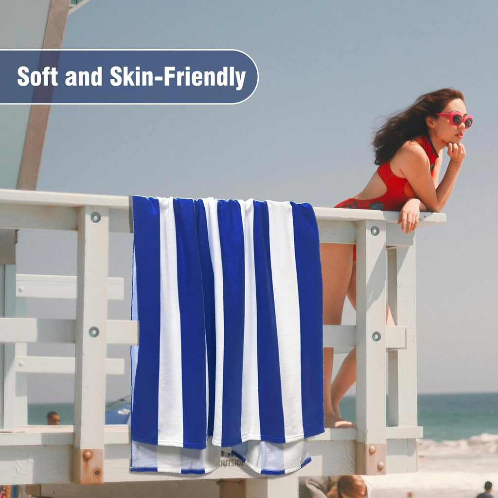 Regine Switzerland Large Oversized Beach Towel - 35 x 70 Inch Navy Striped Quick-Dry Microfiber