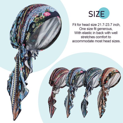 Halfchet 4 Pcs Chemo Headwear for Women Pre Tied Cancer Caps Cotton Head Scarf Turbans for Women Patients Gifts(Vintage Pattern)