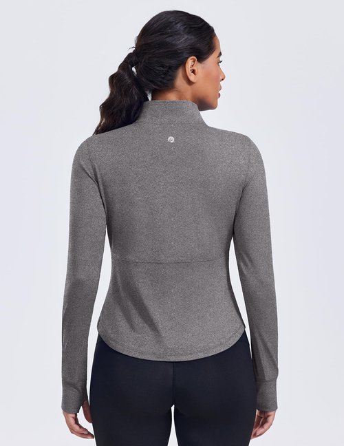 PINSPARK Zip Up Running Jackets for Womens Light Weight Slim Cropped Yoga Track Jackets with Thumb Holes Soft Athletic Golf Jackets Heather Grey Large