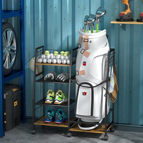 DAOUTIME Golf Bag Garage Storage Rack with Wheels, Organizer for Single Golf Bag and Equipment Accessories, Ideal for Home, Garage, Club, Shed, Basement - Sturdy Wood and Metal Construction (Black)