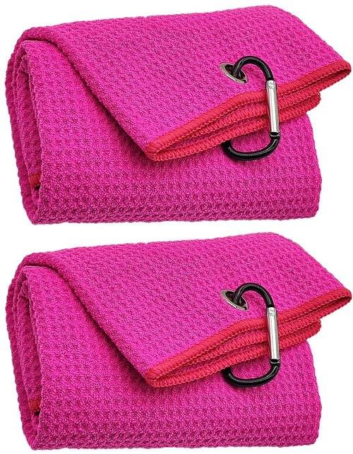 Glamrce 2 Pack Tri-fold Golf Towel Set, Microfiber Fabric Waffle Pattern Towels, Outdoor Sports Towels Heavy Duty Carabiner Clip (Pink x2)