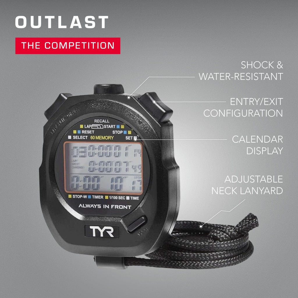 TYR Z200 Stopwatch – Professional Digital Timer with Split Memory, Water-Resistant, Ergonomic Design for Swim, Track & Field, and Sports Training