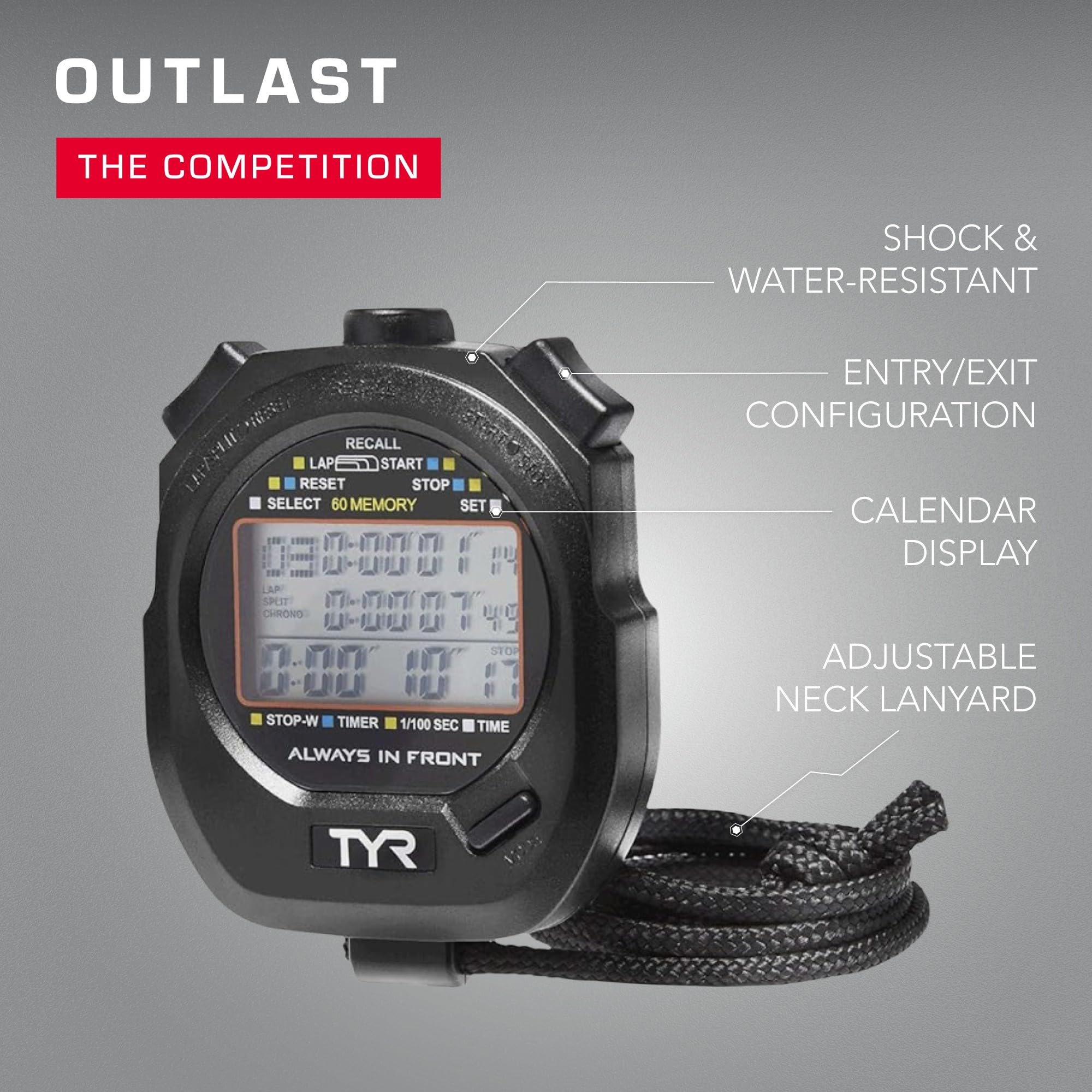 TYR Z200 Stopwatch – Professional Digital Timer with Split Memory, Water-Resistant, Ergonomic Design for Swim, Track & Field, and Sports Training