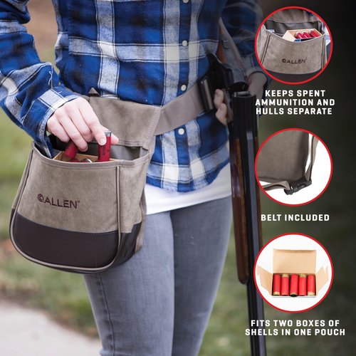 Allen Company Shotgun Shell Pouch with Belt - Clay Trap Skeet Shooting Bag, 2 Box Capacity Shell Holder for Hunting Range Practice - Tan