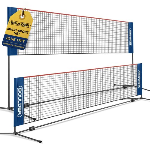 BOULDER Portable Badminton Pickleball Net - Foldable / Extendable Poles for Multiple Sports Heights (UP to 5 ft) - Ideal for Tennis, Pickleball, Soccer Tennis - Easy Setup (Blue, 17 FT)