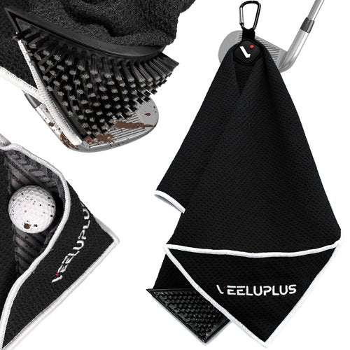 4-in-1 Magnetic Golf Towel with Brush & Cleaning Pocket - Premium Construction Golf Towel- Super Strong Golf Club Cleaner- Microfiber Waffle Design-15.7" X 23.6" Golf Accessories and Gifts for Men