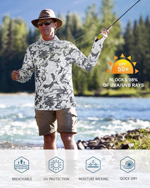 FISHEAL Men's Performance Fishing Hoodie - UPF 50+ Sun Protection, Long Sleeve with Thumbholes & Neck Gaiter