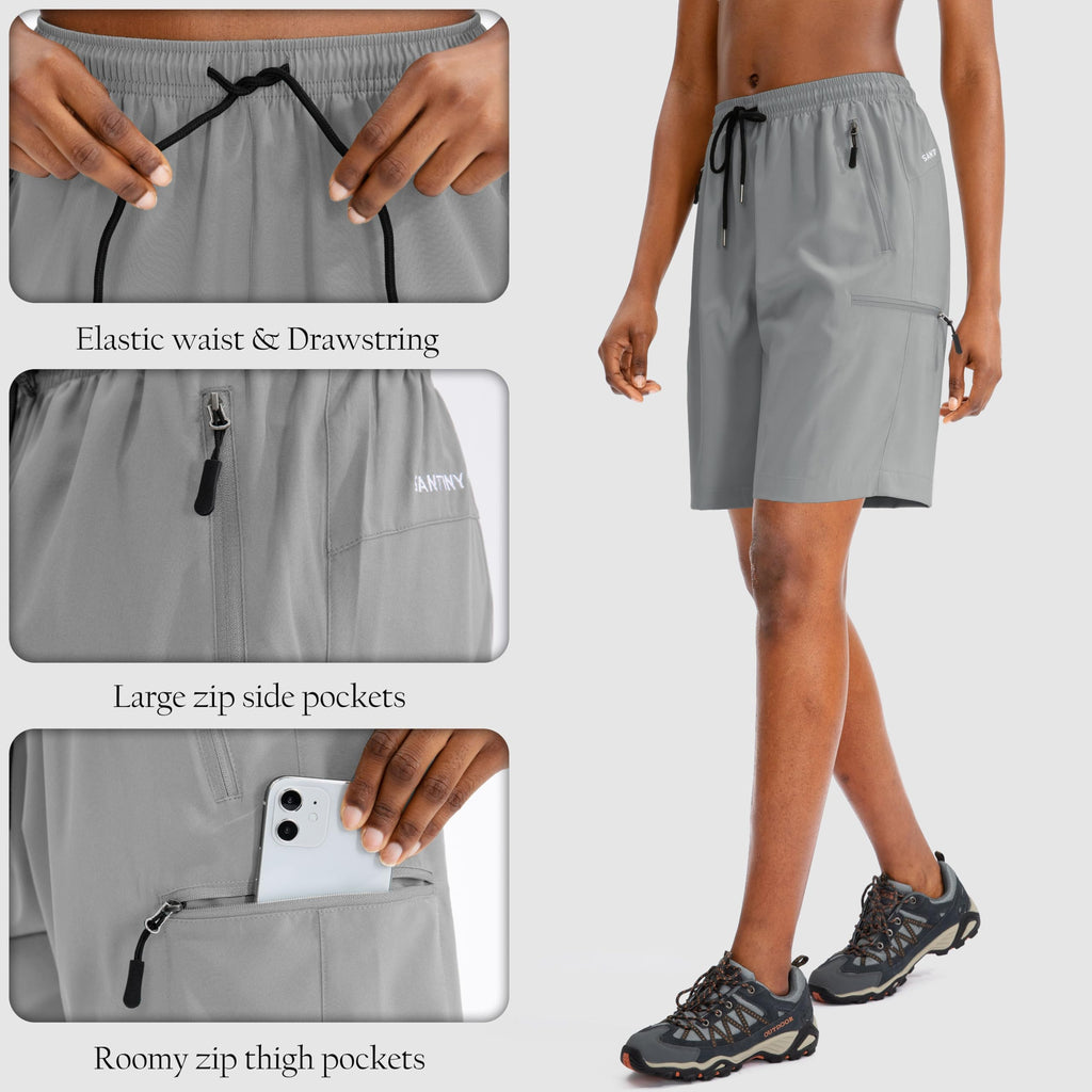 SANTINY Women's 5''/ 7''/9'' Hiking Cargo Shorts Quick Dry Lightweight Summer Shorts for Women Athletic Golf Zipper Pockets(Light Grey_XL)