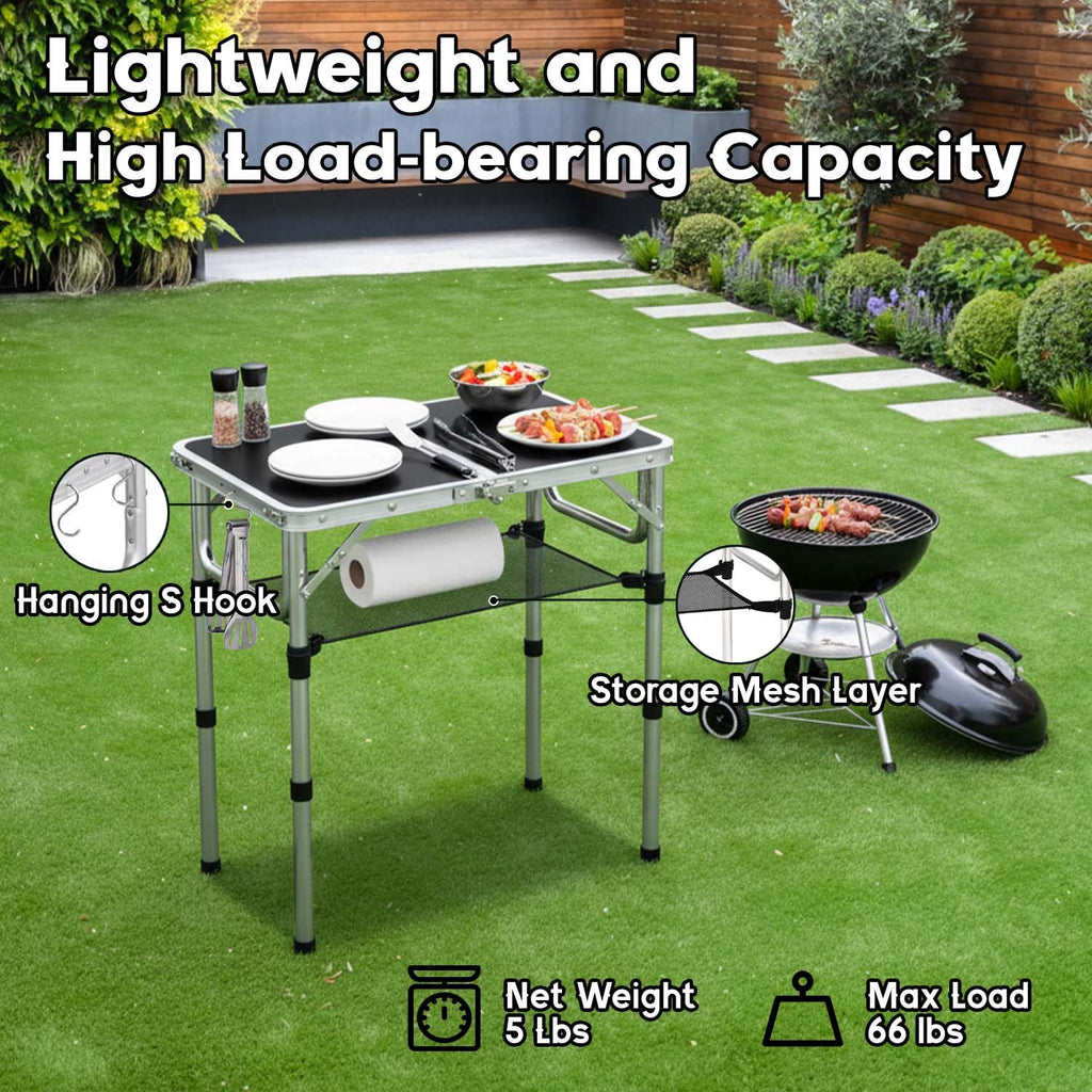 YihuiKo Small Folding Table, Aluminum 24" x 16" Adjustable Height Max 27.5" Folding Camping Table with Carrying Handle, Lightweight, Portable Camp Table for Outdoor Indoor Picnic Beach, Black