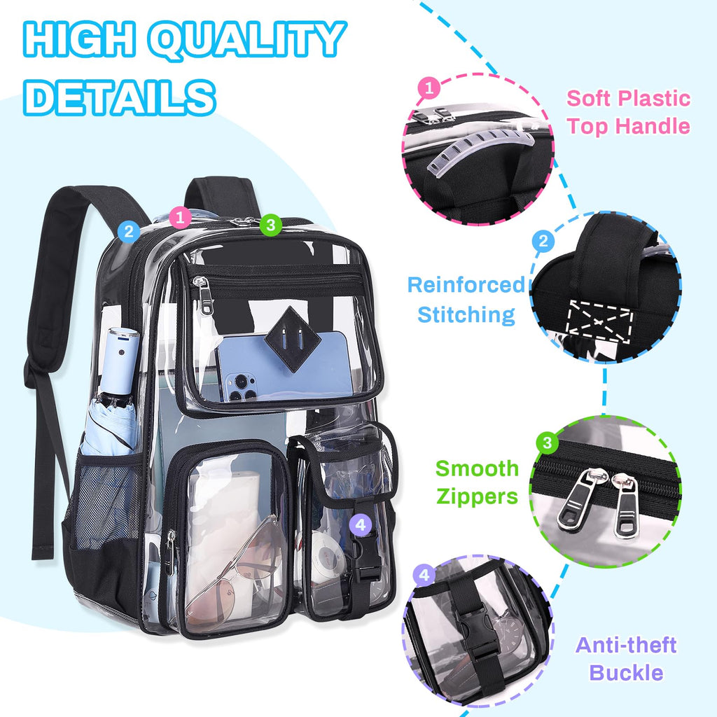 PIG PIG GIRL Clear Backpack for School,Heavy Duty PVC Clear Bookbag Transparent Backpack for Boys Girls Stadium Approved See Through Backpacks for Women Men for College, Black