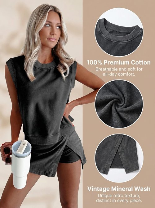KevaMolly Women's Summer Travel Outfit - Two-Piece Mineral Wash Cotton Tank & Lined Athletic Skirt Set