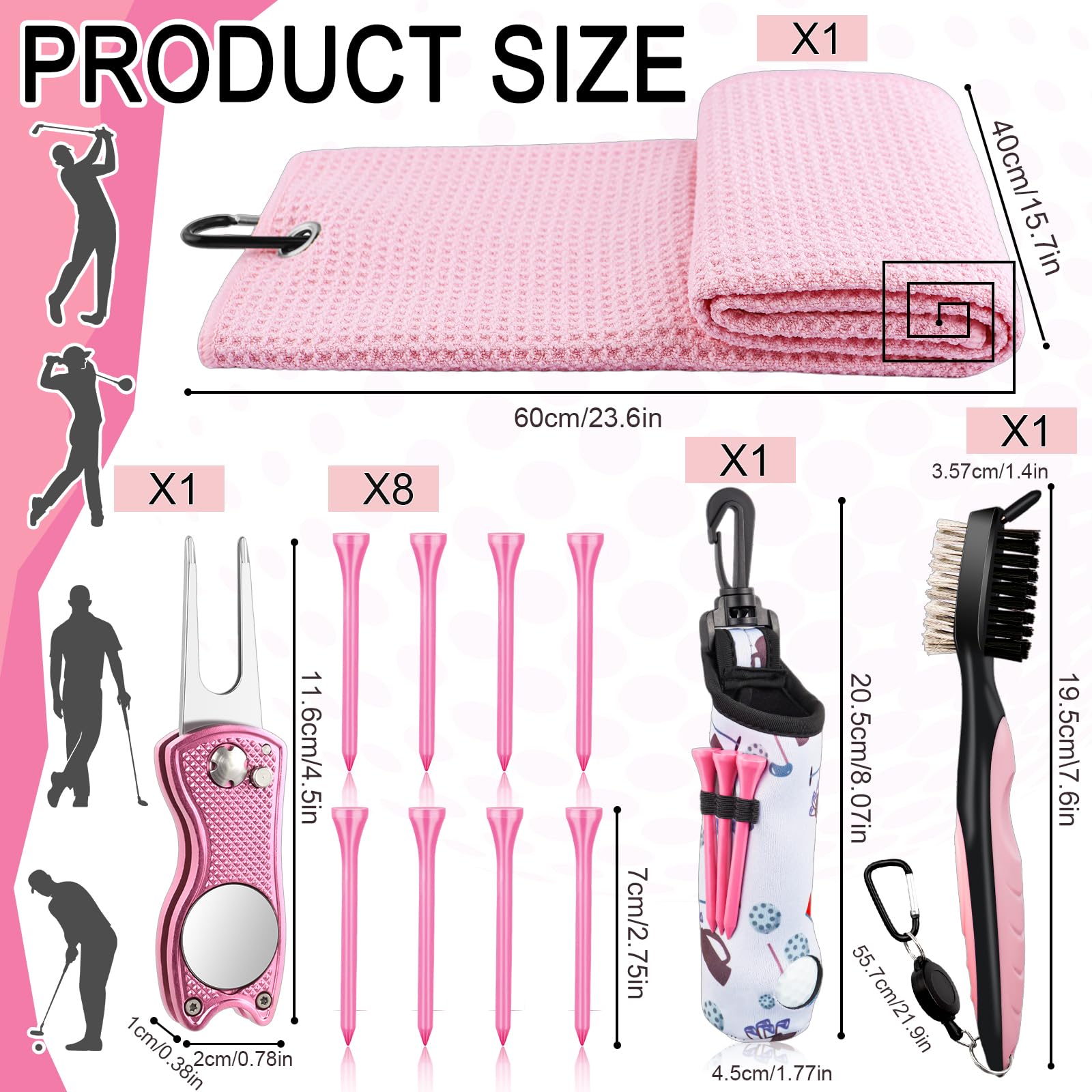 Qishiyi 12Pcs Golf Accessories Kit Include Golf Ball Bag Golf Tees Golf Towel Golf Club Cleaner Brush Groove Cleaner Tool Divot Tool Magnetic Ball Marker,Best Golf Gift for Women Man (Pink)