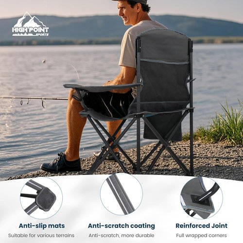 High Point Sports Portable Camping Chair - Heavy Duty Folding Chair with Cup Holder | Supports 350 LBS, Blue-Gray, 2 Pack