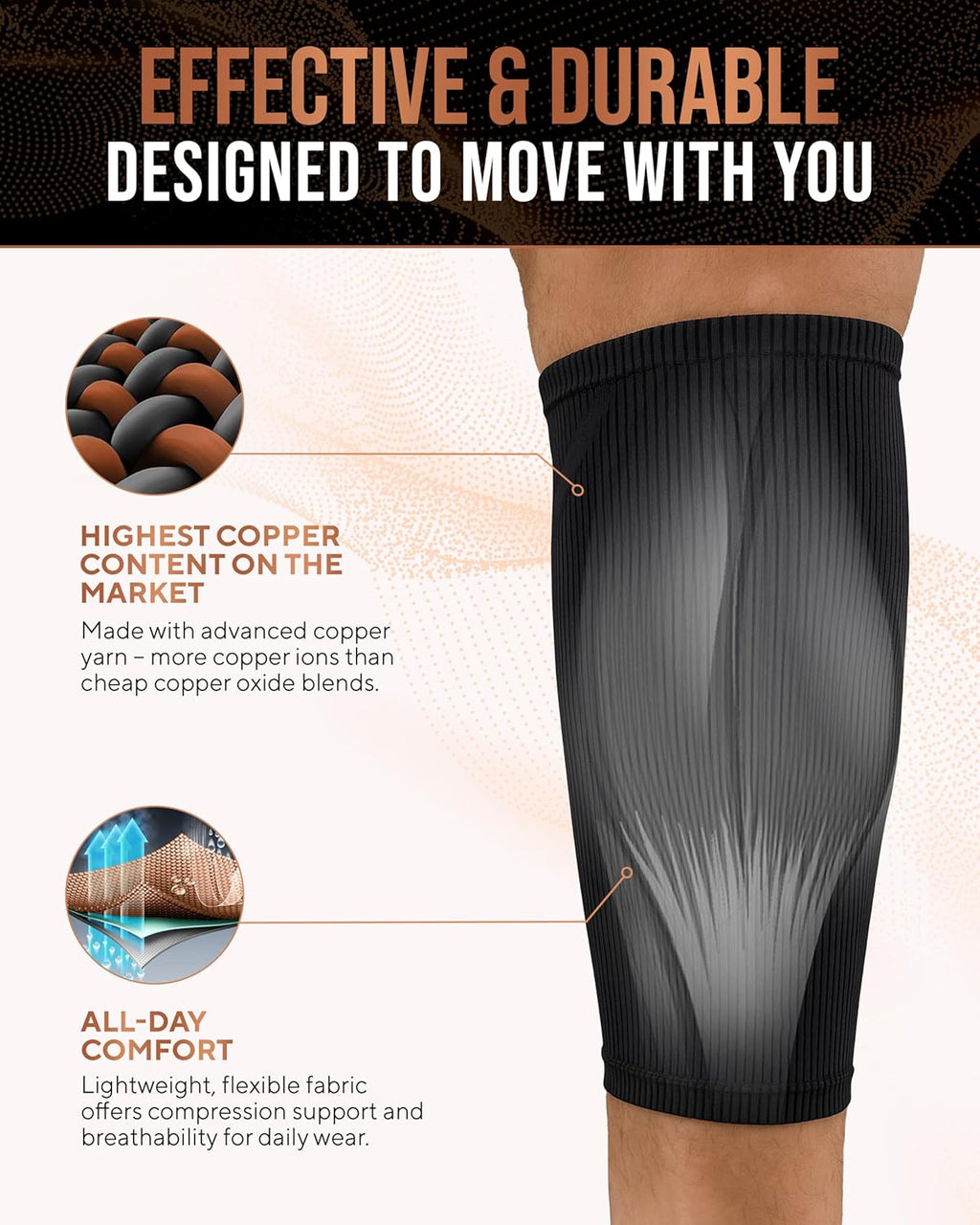 TheraCopper Copper Calf Compression Sleeve - Premium Breathable Shin Sleeve for Men & Women | Non-Slip Design for Muscle Recovery & Leg Fatigue