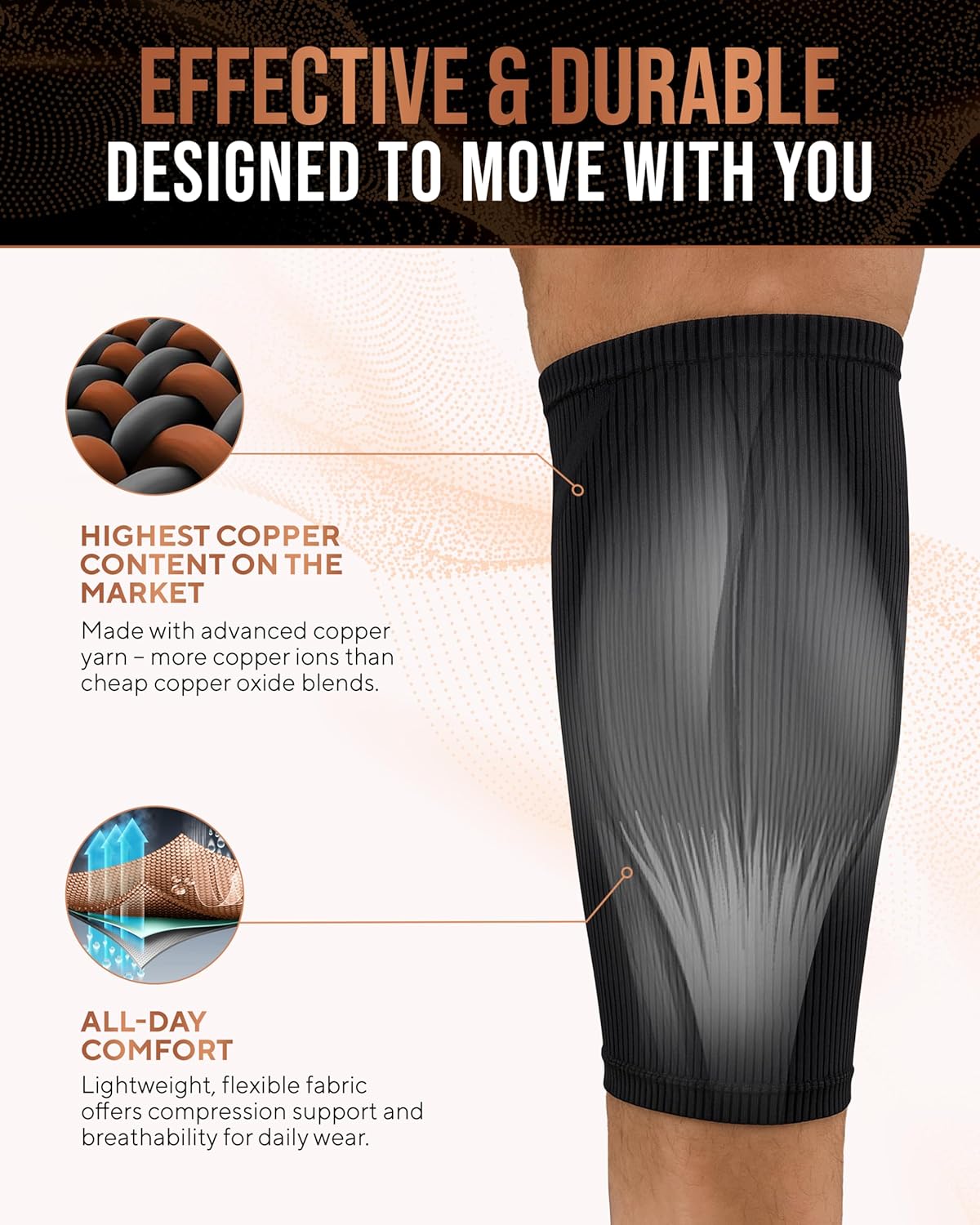 TheraCopper Copper Calf Compression Sleeve - Premium Breathable Shin Sleeve for Men & Women | Non-Slip Design for Muscle Recovery & Leg Fatigue