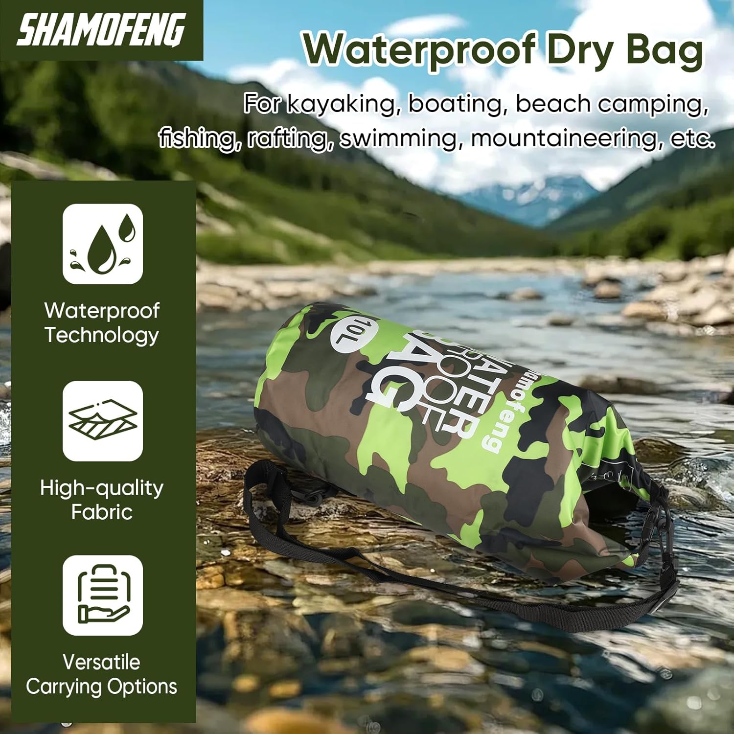 Skiennix Waterproof Dry Bag - Roll Top Dry Storage Backpack with Phone Case & Collapsible Bottle | Green 5L