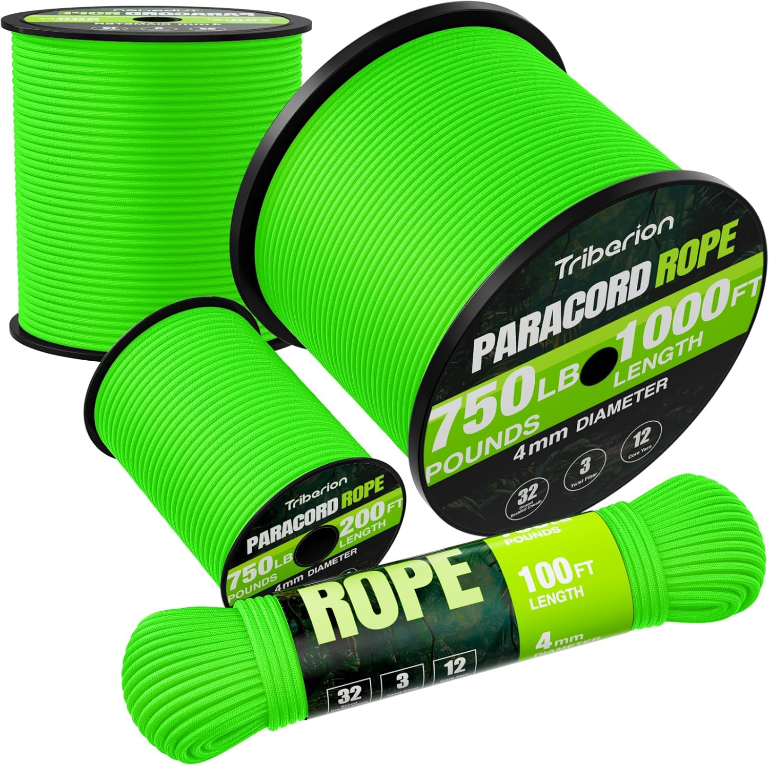 Paracord Rope 750 lb - 500ft Heavy Duty 12-Strand Parachute Cord | Neon Green Survival Gear