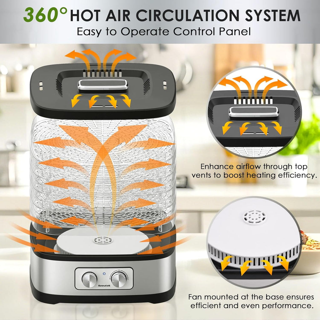 Seeutek Food Dehydrator - 5 BPA-Free Trays with Adjustable Temperature Control | Perfect for Jerky, Fruits, Vegetables, Includes Recipe Book & Storage Bags
