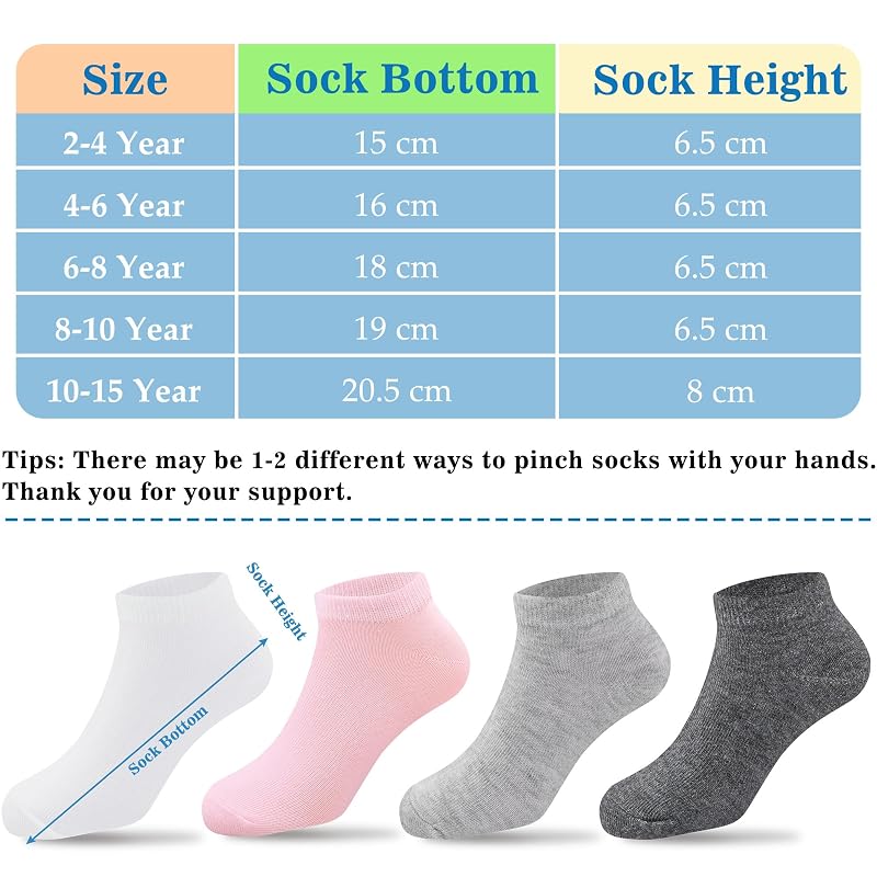 Duufin 12 Pairs Girls Ankle Socks Set, Gray/White/Pink, 6-8 Years
