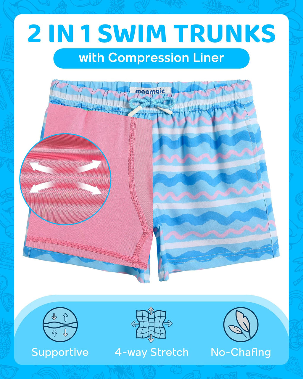 maamgic Boys Swim Trunks with Compression Liner Toddler Boy Swimsuit Quick Dry 4-Way Stretch Swimming Trunks Colorful Wave Line 4T