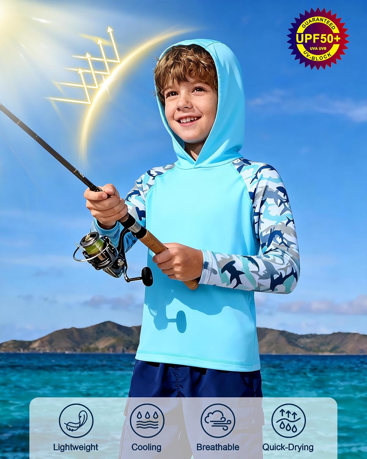 Skiennix Boys Rash Guard Swim Hoodie - UPF 50+ UV Sun Protection Long Sleeve Fishing Shirt | Kids SPF Water Shirt