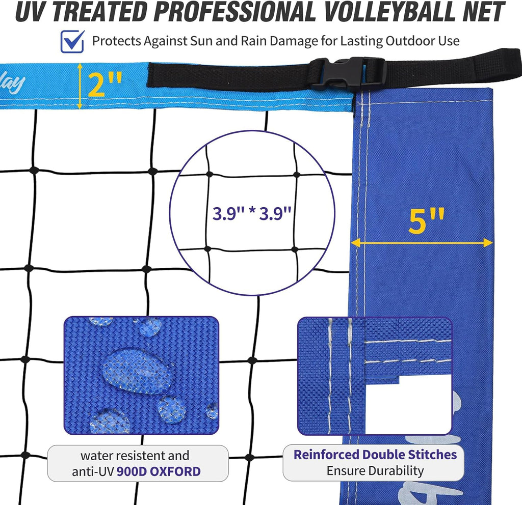 Skiennix Portable Outdoor Volleyball Net Set - Heavy Duty Poles, Durable Net & PU Volleyball | 32ft, Blue