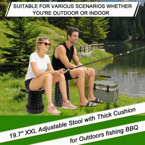 2026 Upgraded XXL Collapsible Stool with Thick Cushion,19.7"H-11.8"D Telescoping Folding Stool for Adults, More Sturdy Camping Stools with Load Capacity 1000lbs for Outdoor,Garden,Fishing,Hiking