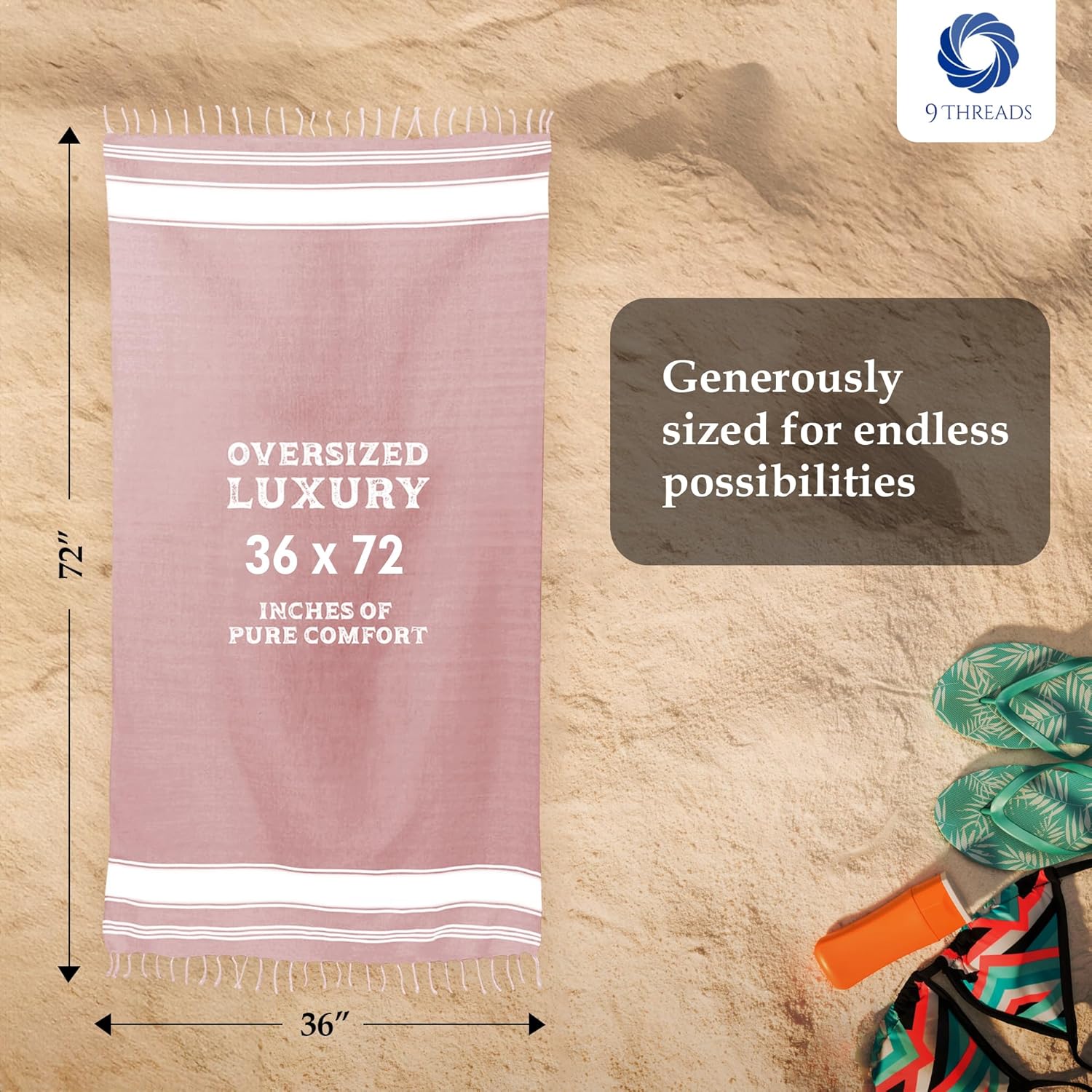 Skiennix Oversized Cotton Turkish Beach Towels - Quick Dry & Absorbent | Extra Large 36"x72" - Pink, 2 Pack