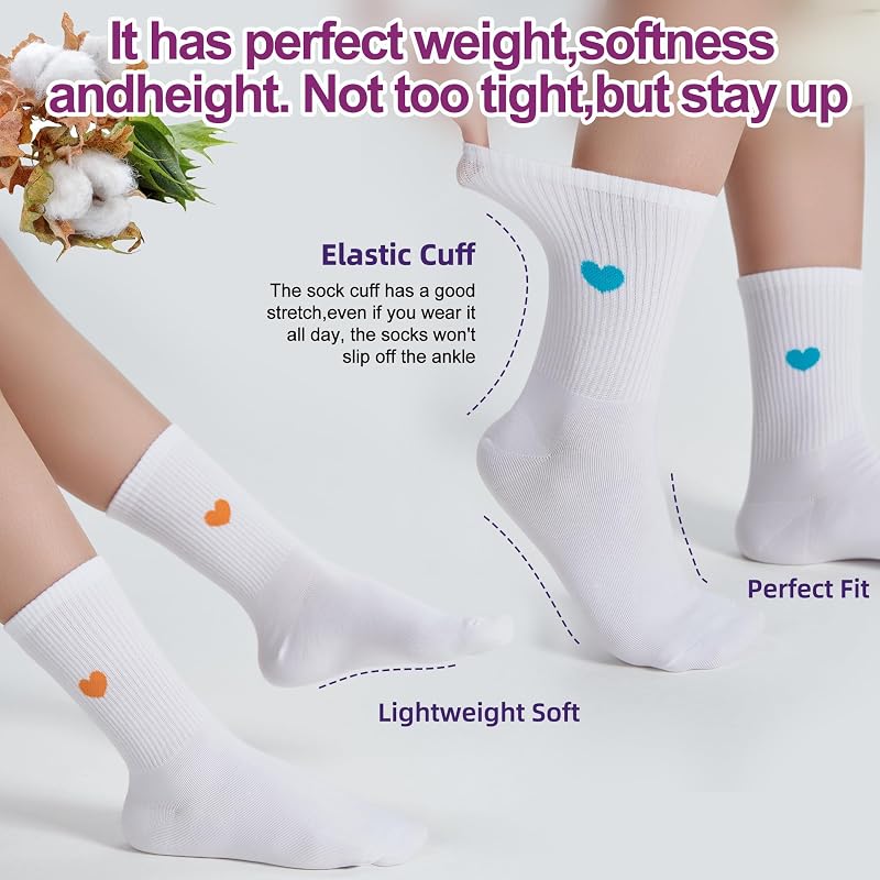 Womens Cotton Crew Socks 6 Pairs - White, Heart Pattern, Ankle Boot Socks