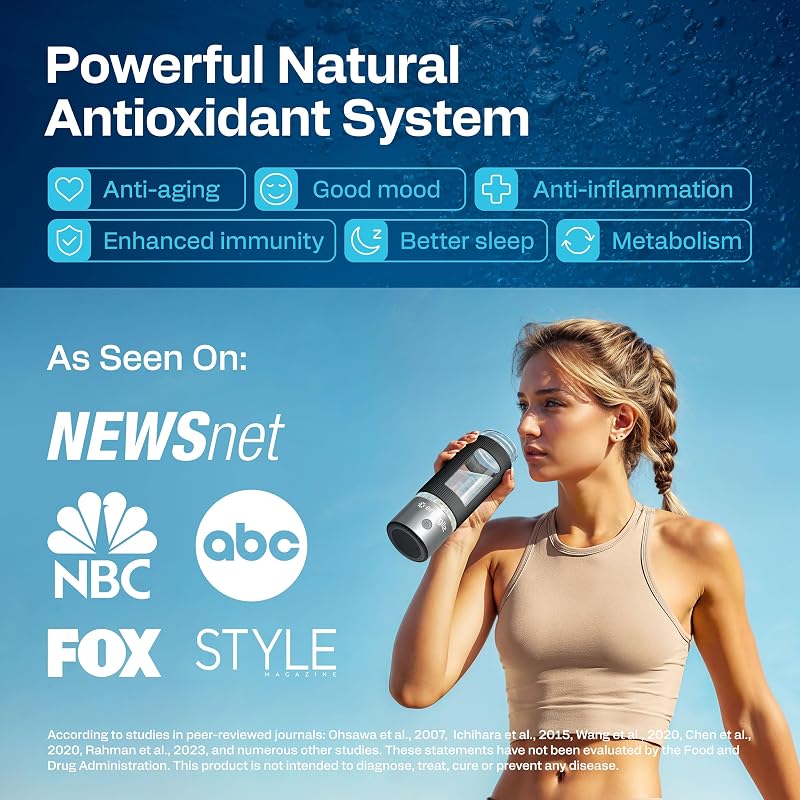 Hydrogen Water Bottle 16.2 oz with SPE/PEM Technology – Steel w/ Black, 3000 ppb Hydrogen Generator