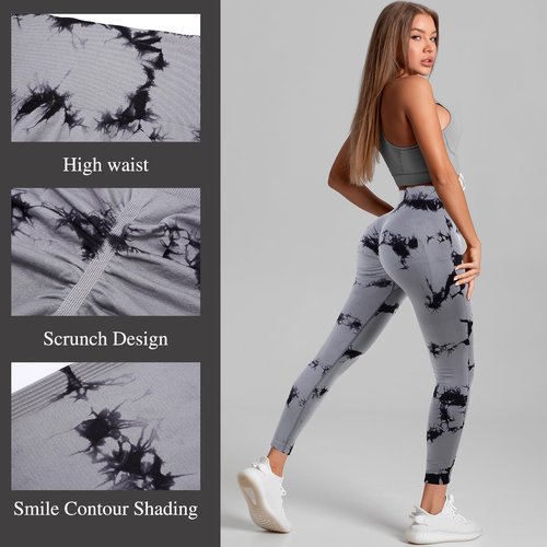 Mumucove 4 Pcs Womens Workout Leggings Tie Dye High Waisted Yoga Pants Seamless Scrunch Butt Lifting Compression Tights(Gray, Black, Dark Green, Red,Small)