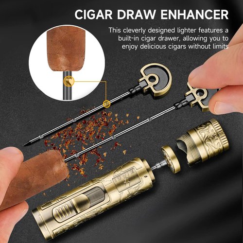 XIFEI Torch Lighter, 4-in-1 Cigar Lighter with Jet Flame, Punch, Holder, Draw Enhancer, Windproof Refillable Butane Lighters, Multi-Functional Cigar Accessories Gift for Men (Bronze)