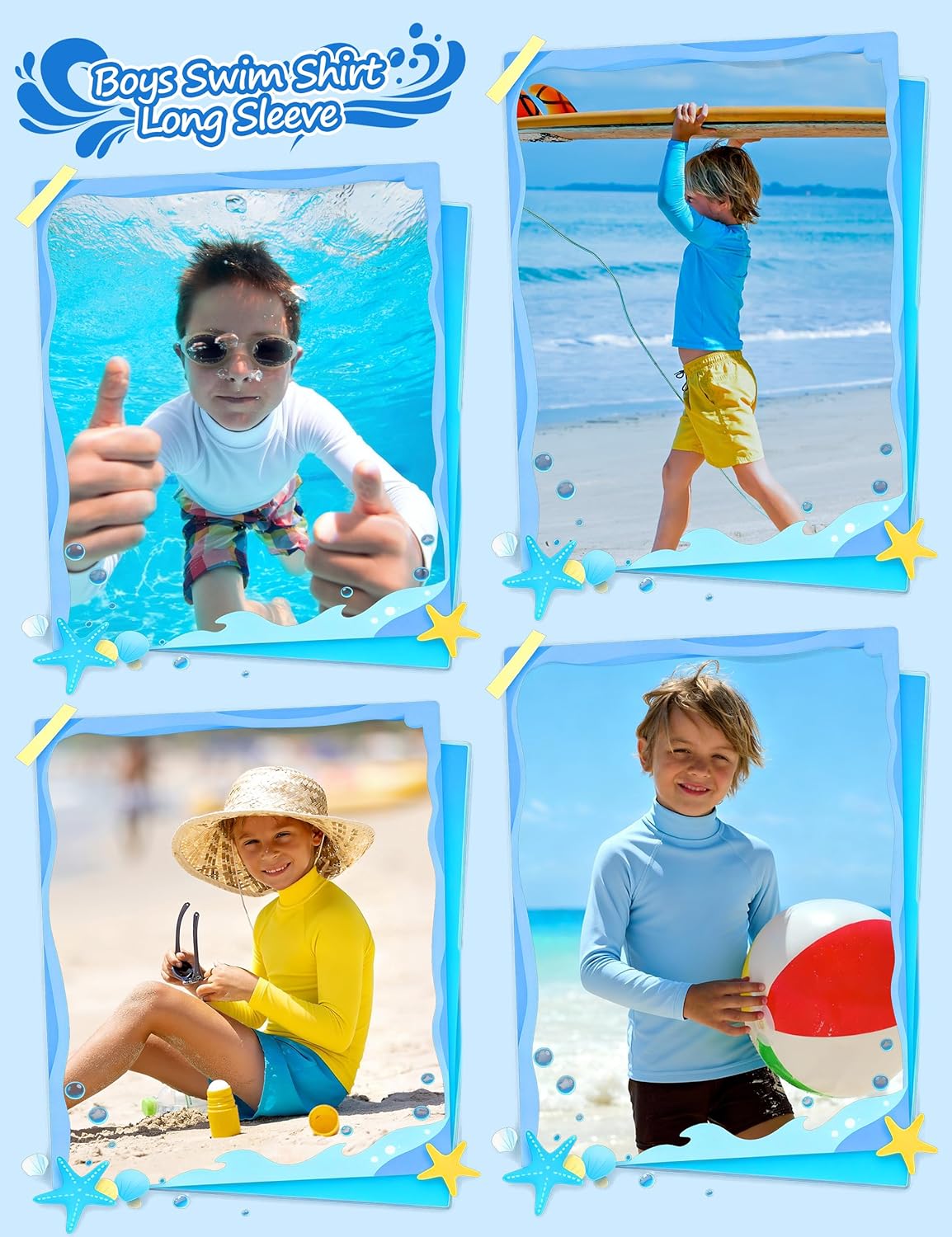 Roadbox Boys UPF 50+ Rash Guard, Swim Shirt Sun Protection Long Sleeve for Kids, Toddler Rashguard Athletic Surf Water Shirts