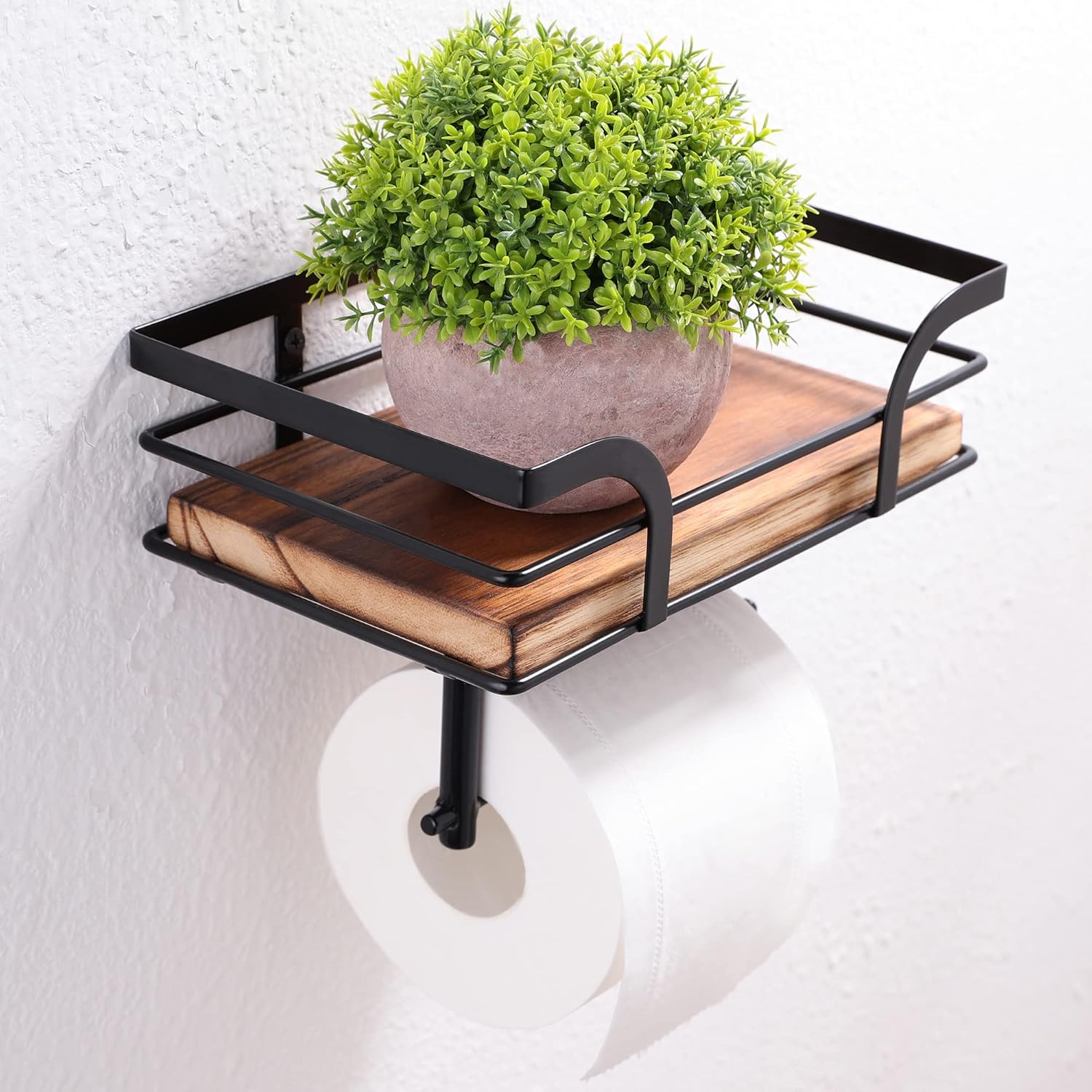 Rustic Farmhouse Toilet Paper Holder | Stylish Bathroom Organizer with Shelf - Warm Brown Wood & Black Metal
