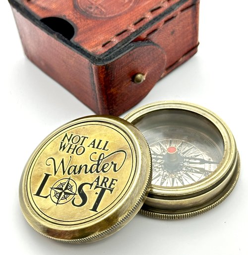 Not All WHO Wander are Lost Engraved Compass - Brass Gift Compass - Gift for Men - 2024 Graduation Day Gift - Birthday, Vintage Brass Pocket Compass with Leather Box