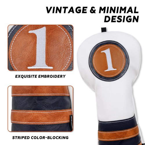 Craftsman Golf Club Covers Set 3 Wood Head Cover Fairway Headcover Leather Golf Head Cover with Stripes Golf Gift for Men/Women 4pcs(135X)
