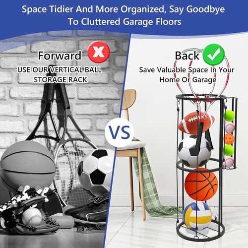 Garage Ball Storage Rack - Vertical Wall Mount for Basketball, Soccer & Volleyball | Space-Saving Organizer in Black