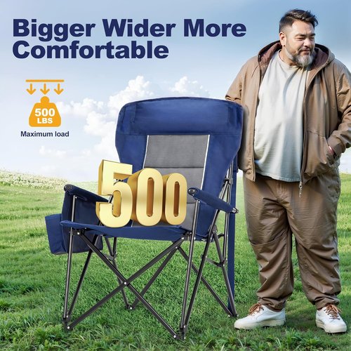 LET'S CAMP Oversized Camping Chairs - Heavy Duty 500LBS Support | Portable Collapsible with Cup Holder & Side Pocket - 2 Pack (Blue)