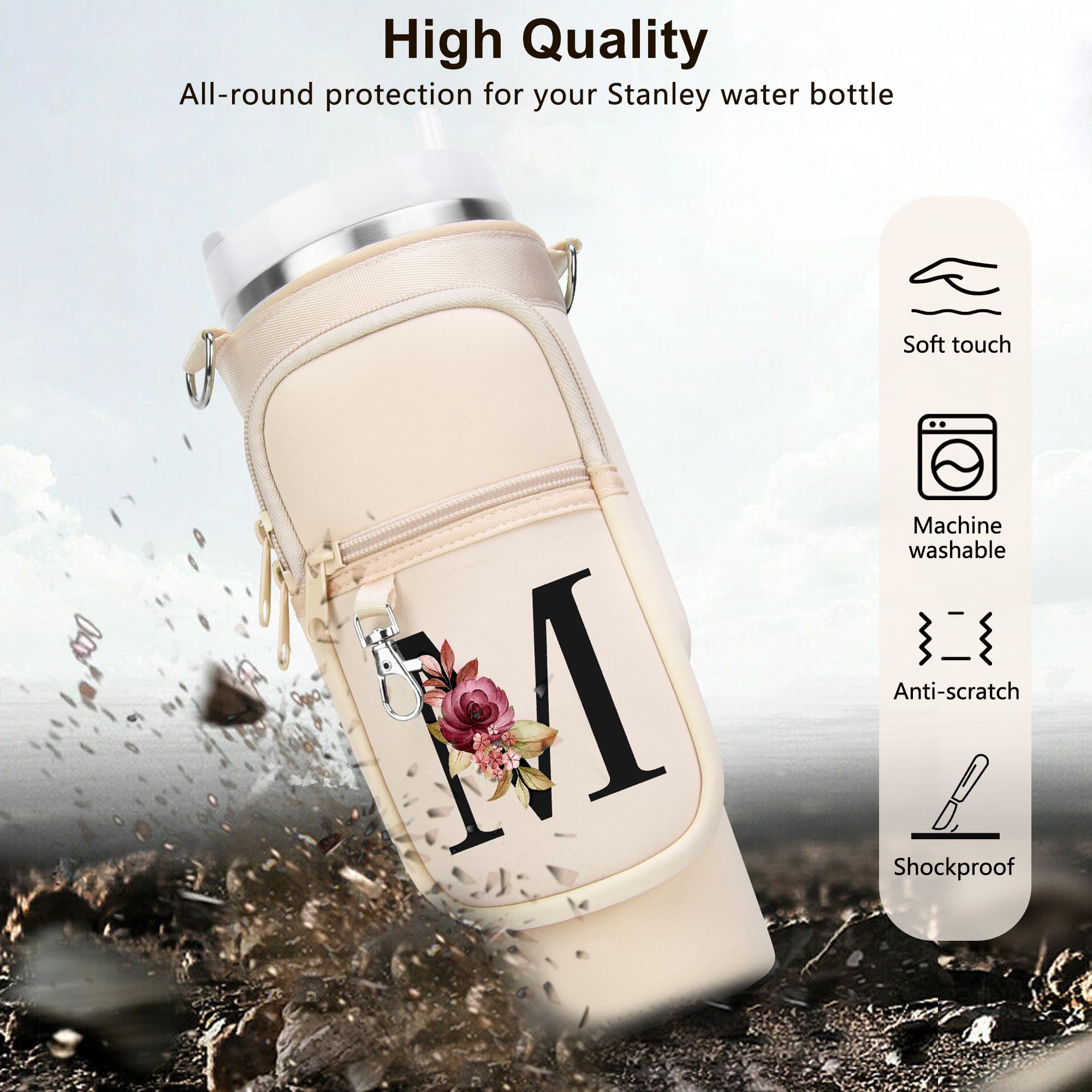 LOKASS Personalized Water Bottle Holder with Strap for Stanley Cup Accessories 40 oz, Initial Stanley Cup Holder Carrier Bag with Phone Pocket, Stylish Tumbler Accessories for Everyday Carry, Beige G