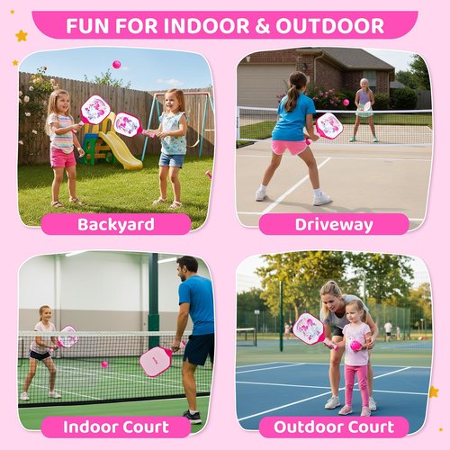 Joycat Kids Pink Pickleball Paddles Set, 2 Cute Pickleball Paddles for Kids with Small Grip,2 Pickleballs, 1 Drawstring Bag,Indoor Outdoor Sport Gifts for Girls(Unicorn)